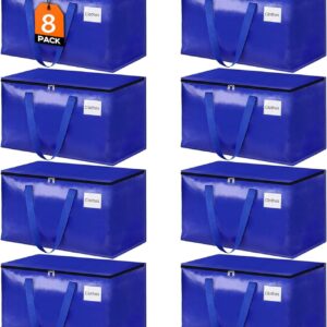 HomeHacks Moving Bags, 8-Pack Heavy Duty with Strong Zippers and Handles Collapsible Moving Supplies, Storage Totes for Packing & Moving Storing 93L-8 Pack (Blue)